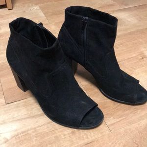 Black suede open toe booties